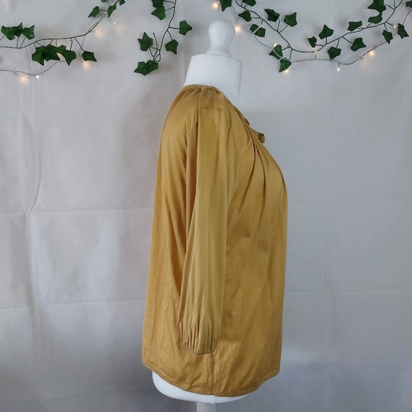 COS Mustard Yellow Side Tie Neck 3/4 Sleeve Relaxed Top Size M 100% Cotton Light - Picture 4 of 10